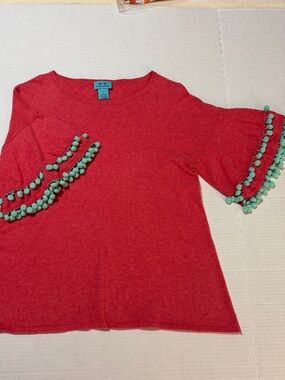 Coral Cashmere/Cotton Blend Top with Mint Pom-Pom Trim (167)